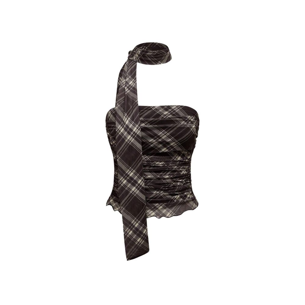 Women's Plaid Print Ruched Tube Top Vintage Sleeveless Mesh Halter Tops Y2K XS